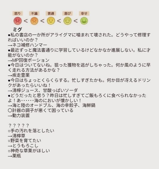 💫ユーゴー定期更新　10/1ver.💫

ユーゴー:骨董品の服装研究→紫服染色❌
エレイン:花の種が届いた→肥料❌、子猫が服を汚した→頭染色❌
などが判明しました🔍🤔

情報ありましたらお待ちしています🙏🍞
#ツリネバ #TOSN #TOSNeverland