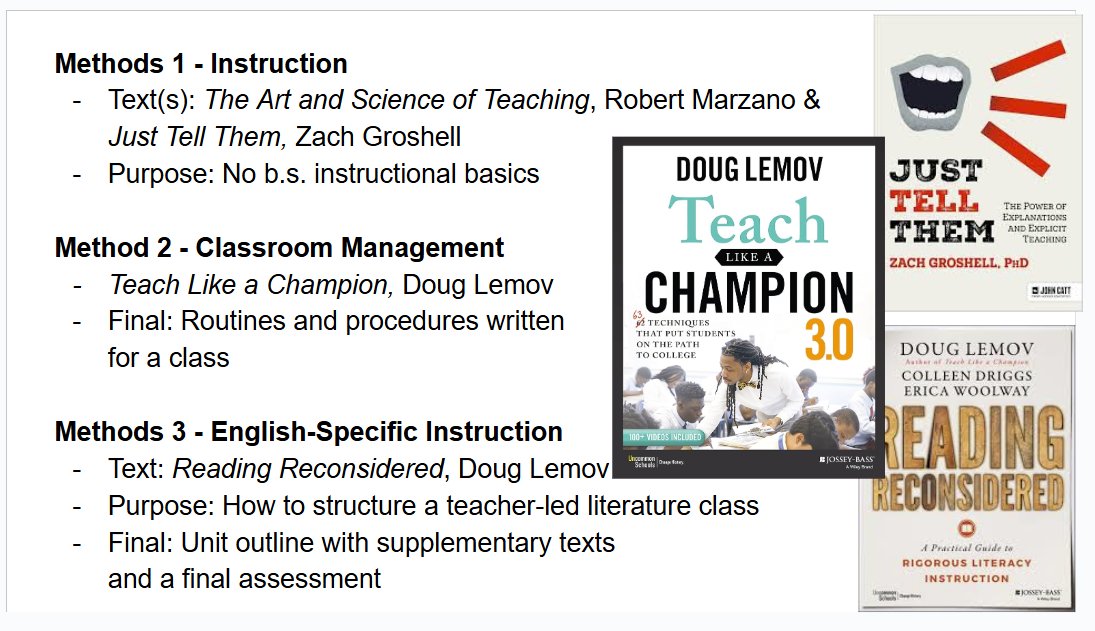 MrDanielBuck's tweet image. Waiting for a flight, I decided to throw together my ideal teacher prep coursework

If I had 12-ish classes to train teachers in a university setting, what general outline of courses would I design? What texts should they read?

Let me know what you think: