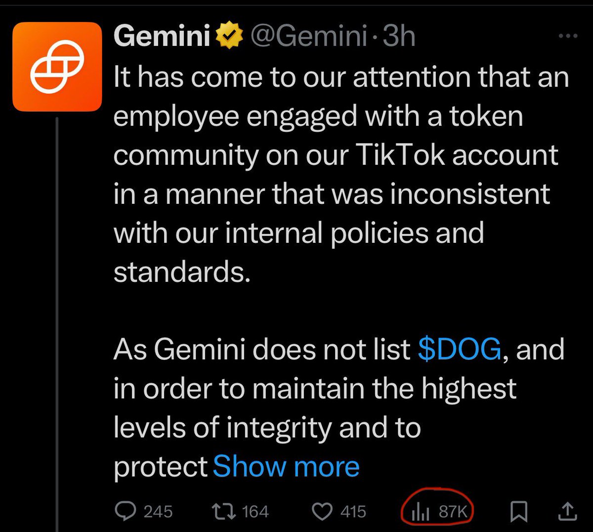 $DOG IS EXPLODING 🔥
This <a href="/Gemini/">Gemini</a> post just skyrocketed to 87,000+ impressions in only 3 hours… and we’re just getting started.