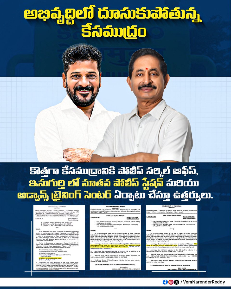 Vemnarenderredy's tweet photo. వేమన్న కృషి తో అభివృద్దిలో దూసుకుపోతున్న మహబూబాబాద్ జిల్లా 

కొత్తగా కేసముద్రానికి పోలీస్ సర్కిల్ ఆఫీస్,ఇనుగుర్తి లో నూతన పోలీస్ స్టేషన్ మరియు అడ్వాన్స్ ట్రైనింగ్ సెంటర్ ఏర్పాటు చేస్తూ ఉత్తర్వులు.

హర్షం వ్యక్తం చేస్తున ప్రజలు 

అభివృద్ధే చిరునామాగా,గత ప్రభుత్వంలో అందని ఫలాలను అందిస్తున్న “నరేందరన్న”

@TelanganaCMO @INCTelangana @revanth_anumula 

#AdminPost #vemnarenderreddy #peoplesleader #mahabubabad