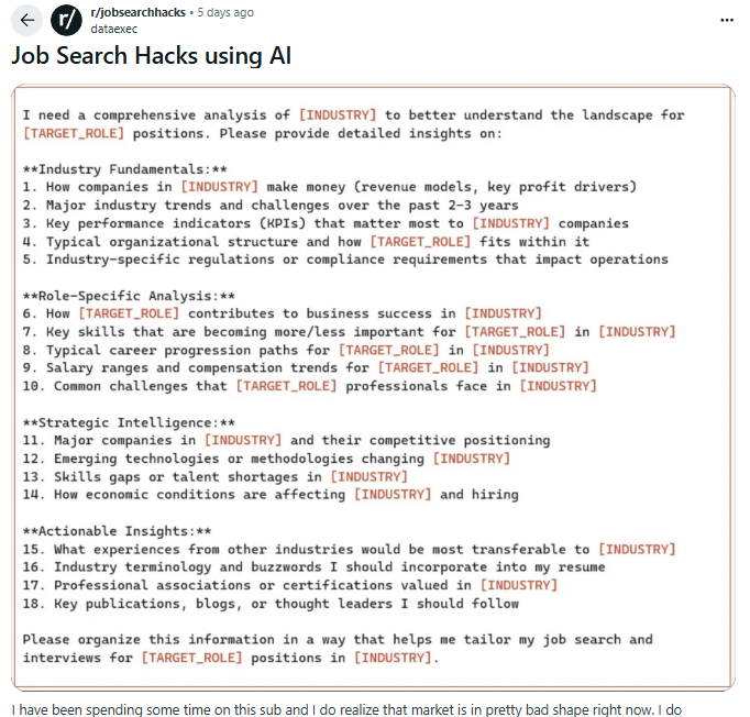 This 5-stage AI workflow makes job hunting 10x smarter and faster:

→ analyze successful resumes in your target role
→ understand industry pain points
→ research company strategy &amp; challenges
→ prepare specific examples for their problems
→ plan automation workflows