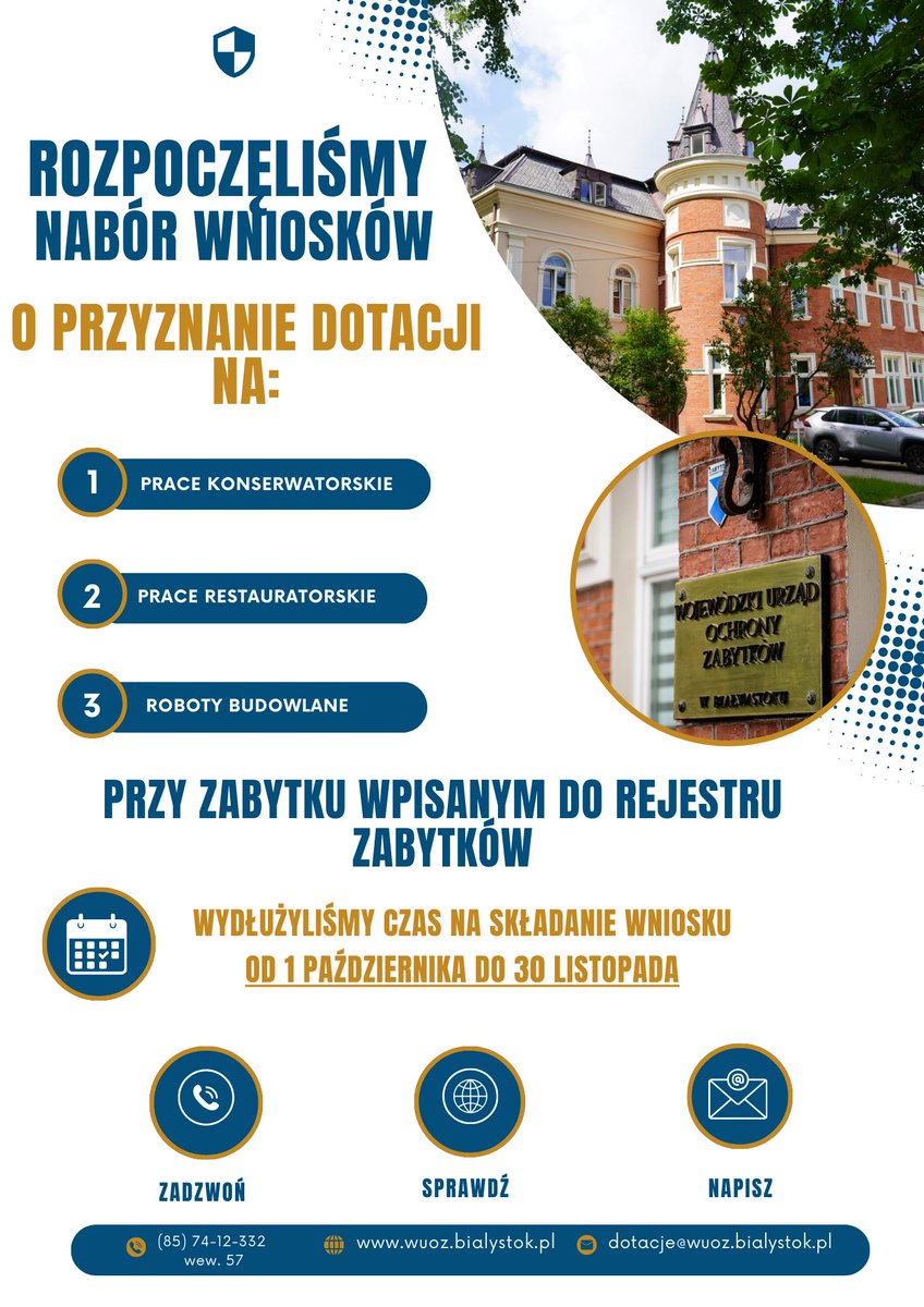 w_konserwator's tweet photo. Dziś, 1 października, rozpoczynamy nabór wniosków o przyznanie dotacji na prace konserwatorskie, restauratorskie oraz roboty budowlane przy zabytkach wpisanych do rejestru zabytków! https://t.co/QsNYo1M0hm
