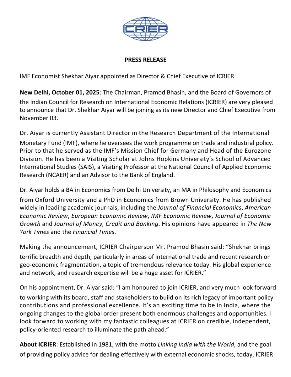 ICRIER's tweet photo. IMF Economist Shekhar Aiyar appointed as Director &amp; Chief Executive of ICRIER.
For details: https://t.co/HSLJr28TJp https://t.co/FDR0xr9F93
