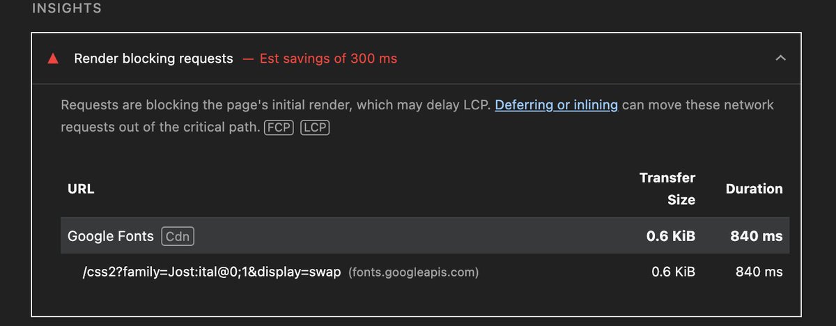 rd_connect's tweet image. Ah, my bad! I didn’t clarify in original post that I’m asking from a performance perspective.
Looking at my Lighthouse results — Google Fonts waits for server response ~80ms and is marked as render-blocking (~840ms total).
If I self-host fonts on Vercel/Railway, do I save the…
