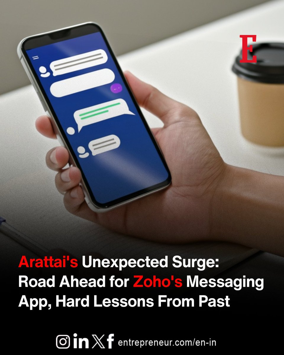 EntrepreneurIND's tweet image. #TechForIndia

Zoho&apos;s instant messaging app, Arattai, has surged to over 1 million monthly active users after a government endorsement sparked a massive increase in sign-ups, from 3,000 to 350,000 per day.

Zoho founder Sridhar Vembu is racing to scale infrastructure, saying, &quot;it…