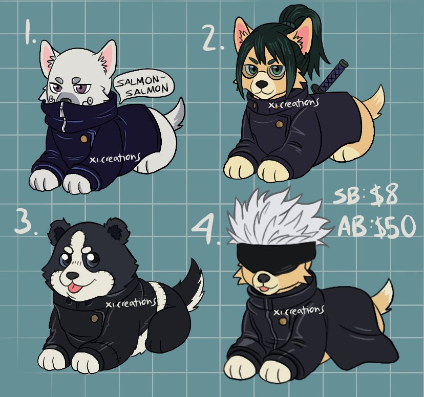 Putting this out! JJK puppies!

Claim in comments. 

SB: $8
AB: $50

Payment method: PayPal 

1-Open
2-Open
3-Open
4-Open

#adopts #adoptable #furryadopt #furryadopts #furryadoptable #adoptsforsale #adopt