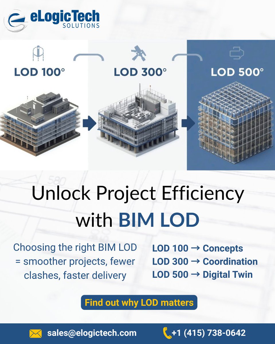 eLogicTechCAD's tweet image. Smarter projects. Fewer clashes. Faster delivery.
✅ Choose the right BIM LOD with eLogicTech!
Find out why LOD matters 👉 [elogictech.com/blog/why-bim-l…]
#bimservices #constructioninnovation #elogictech #digitaltwin #aecoutsourcing #projectsuccess