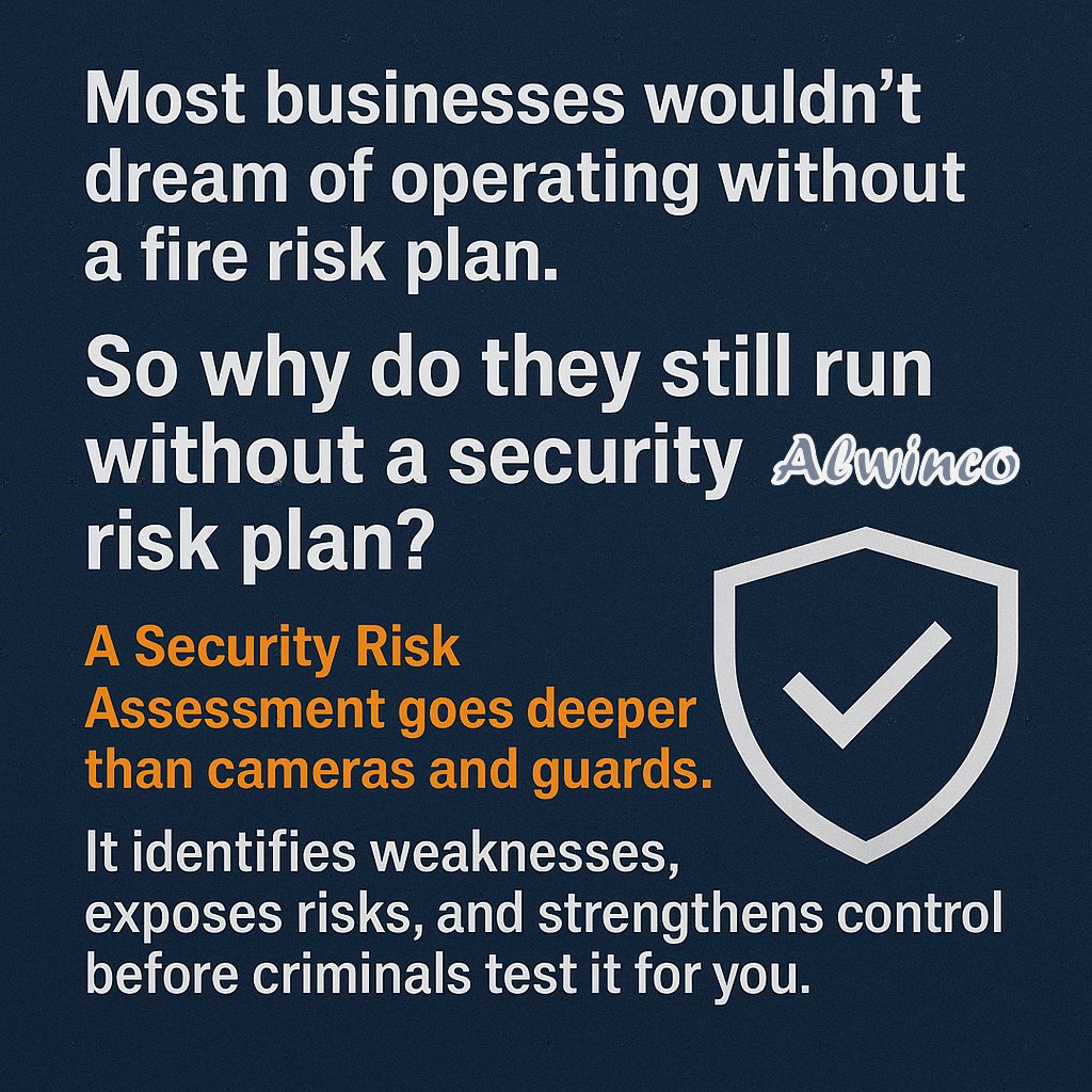 Alwinco's tweet image. Most businesses have fire risk plans. So why not security? A Security Risk Assessment goes beyond guards and cameras, exposing risks and strengthening control before criminals do.
#Alwinco #SecurityRiskAssessment
@ActionSocietySA 
@GiftoftheGivers 
@Abramjee