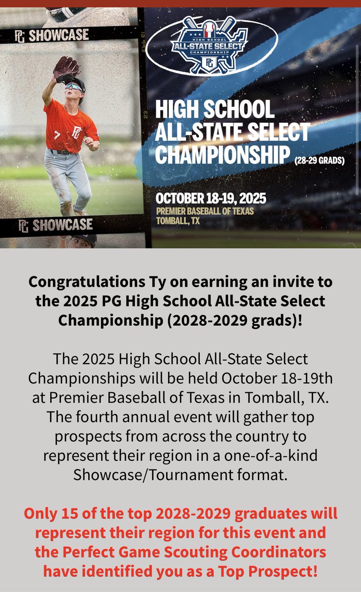Blessed for the invite to go compete at the <a href="/PerfectGameUSA/">Perfect Game USA</a> All State Select Championship <a href="/PGYouthBB/">Perfect Game Youth</a> <a href="/TEAMELITENATION/">Team Elite Baseball</a> <a href="/PG_Scouting/">Perfect Game Scout</a> <a href="/LAMustangBB/">Lipscomb Academy Baseball</a>