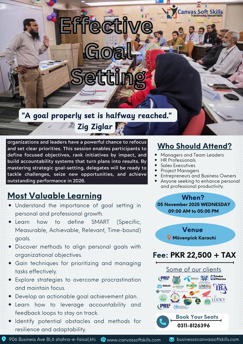 subhansharif's tweet photo. Invitation to Enroll in “𝗘𝗳𝗳𝗲𝗰𝘁𝗶𝘃𝗲 𝗚𝗼𝗮𝗹 𝗦𝗲𝘁𝘁𝗶𝗻𝗴”

𝗡𝗼𝘃𝗲𝗺𝗯𝗲𝗿 𝟬𝟱𝘁𝗵 𝟮𝟬𝟮𝟱

𝗖𝗮𝗻𝘃𝗮𝘀 𝗦𝗼𝗳𝘁 𝗦𝗸𝗶𝗹𝗹𝘀 Program 

📆  𝗗𝘂𝗿𝗮𝘁𝗶𝗼𝗻: 𝟬𝟭 𝗗𝗮𝘆
🏢 𝗠𝗼𝘃𝗲𝗻𝗽𝗶𝗰𝗸 𝗞𝗮𝗿𝗮𝗰𝗵𝗶

Enrolment:
business@canvassoftskills.com
+923118126396 https://t.co/AFnotKucTT