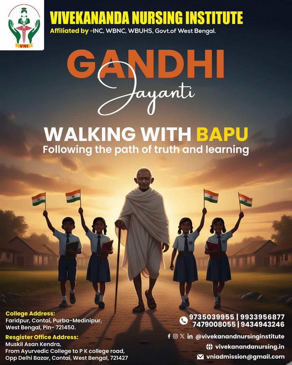 contactVNI's tweet photo. We walk the path of truth, compassion, and lifelong learning with Bapu. 🕊️📚 Let's honor his legacy this Gandhi Jayanti by fostering minds and doing purposeful service.

#WestBengalEducation #HealthcareWithValues #NursingWithPurpose #2ndOctober #LegacyOfGandhi #PeaceAndProgress https://t.co/NDxAuuYOtu
