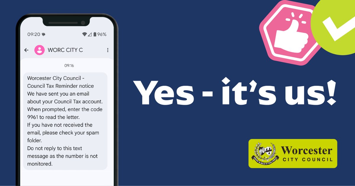 myworcester's tweet photo. 📬 Signed up for Council Tax e-billing?
From today you might start getting texts or emails from us .
✅ They’re real – not a scam.
Just follow the instructions in the message.
#CouncilTax #EBilling #LocalGov #Worcester https://t.co/RUlEyOLfOg