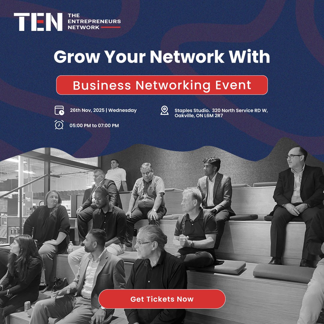 Opportunities aren’t found at your doorstep, 
they’re created where minds meet &amp; ideas collide. 

🌐Join TEN’s Networking Event in Oakville!
📅 Nov 26 | 5–7 PM
📍 Staples Studio

Register : eventbrite.com/e/business-net…

#TEN #Networking #Oakville #Canada