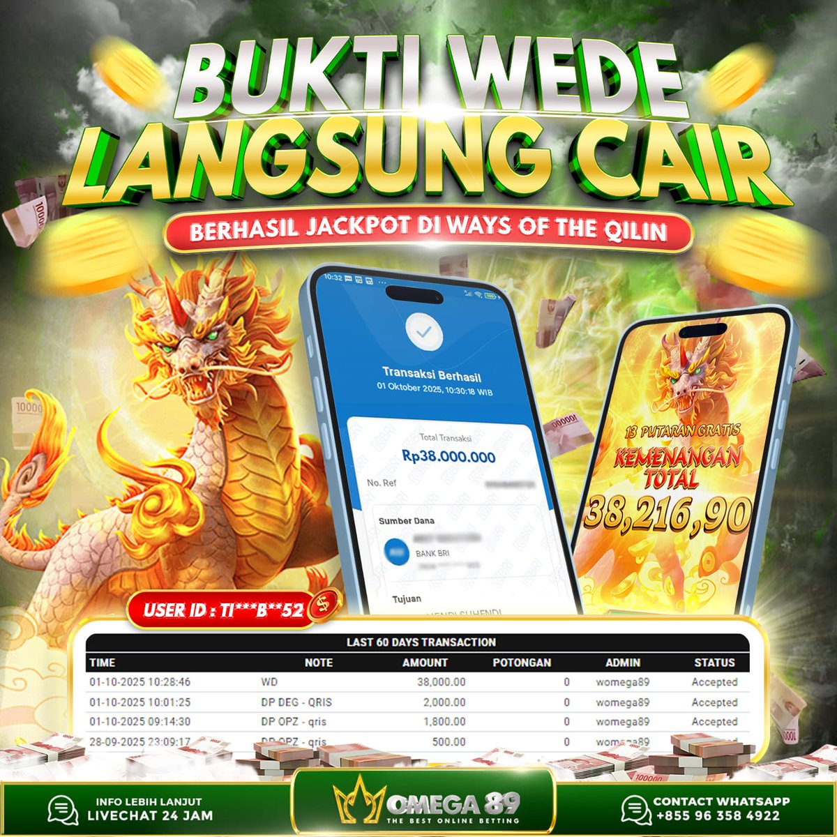omega89rt's tweet photo. OMEGA89 JACKPOT DI WAYS OF THE QILIN Rp38.000.000,- LUNAS!πΈπΈ
β
Withdraw Cepat
β
Bukti Transfer Nyata
β
Menang Berapapun Pasti Dibayar
Raih JP nya sekarang juga bersama OMEGA89!
π https://t.co/Y3WStO5fP5
#omega89 #omega89rt #omega89login #pgsoft #slotonline https://t.co/VIz4odWBGy