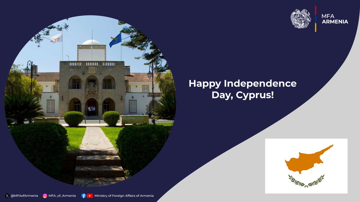 Happy #IndependenceDay, #Cyprus! We convey our warmest congratulations to the Government &amp; brotherly people of 🇨🇾. 

🇦🇲 values our strong friendship &amp; partnership. Looking forward to further deepening bilateral ties in all areas.