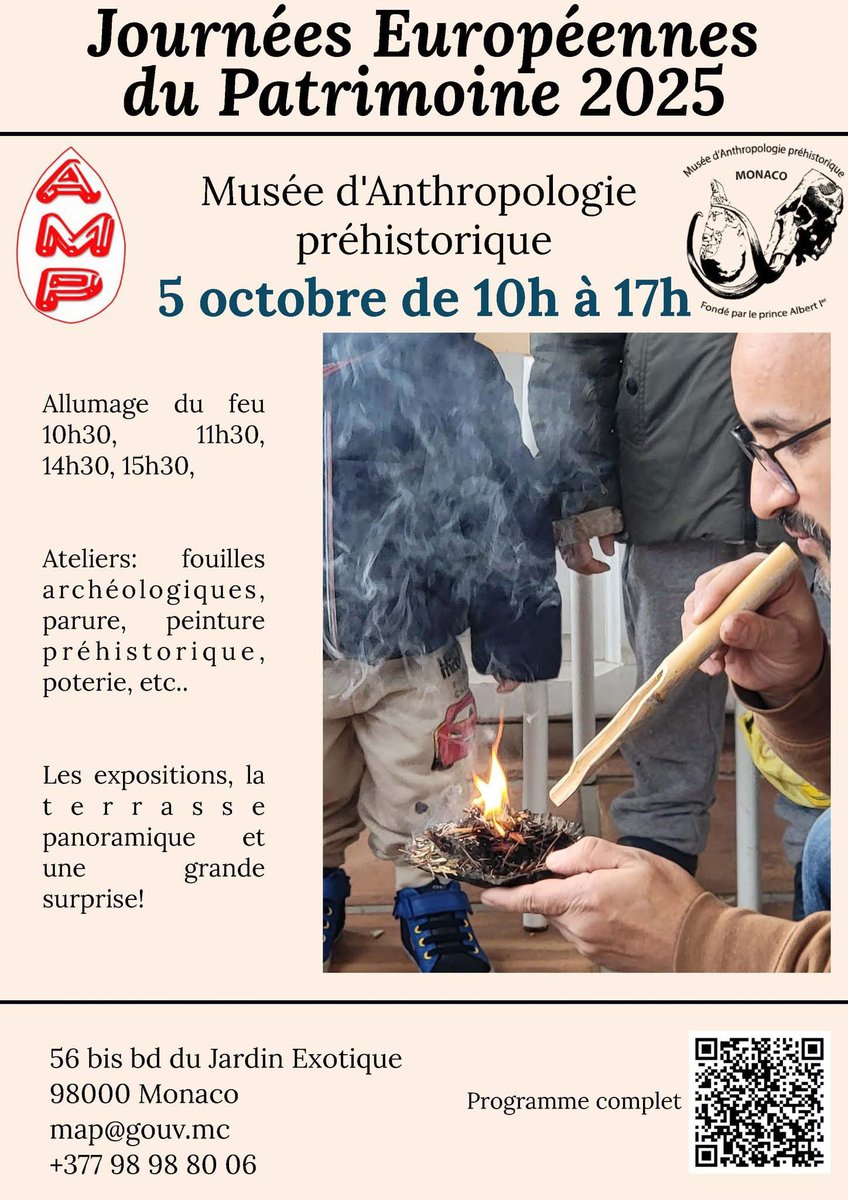 🔥🗿 Les Journées du Patrimoine arrivent au Musée d’Anthropologie Préhistorique de Monaco !
📅 5 octobre | 10h–17h
📍 Musée d’Anthropologie Préhistorique de Monaco
#JournéesDuPatrimoine #Monaco #Musée #Préhistoire #Culture #Ateliers #Histoire #Patrimoine #MonacoLife