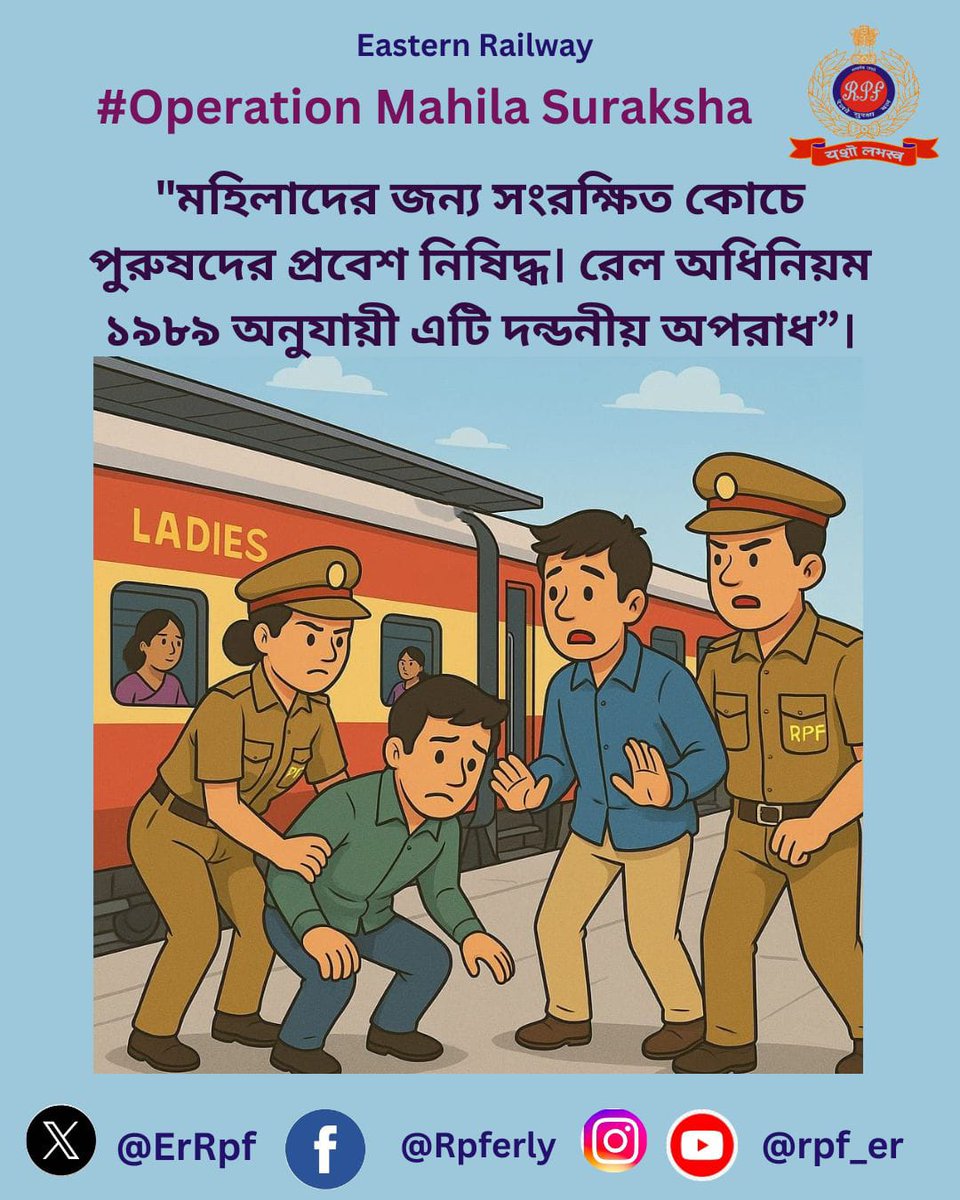 ErRpf's tweet photo. “Your safety, Our priority!"
অবৈধ ভাবে মহিলা কামরায় যাত্রা করায় 40 জন পুরুষ যাত্রিকে রেলওয়ে আইনের 162 ধারায় জরিমানা করা হয়েছে।
#অপারেশন_মহিলা_সুরক্ষা
@RPF_INDIA 
@RailMinIndia 
@EasternRailway https://t.co/DLqjShZ97n
