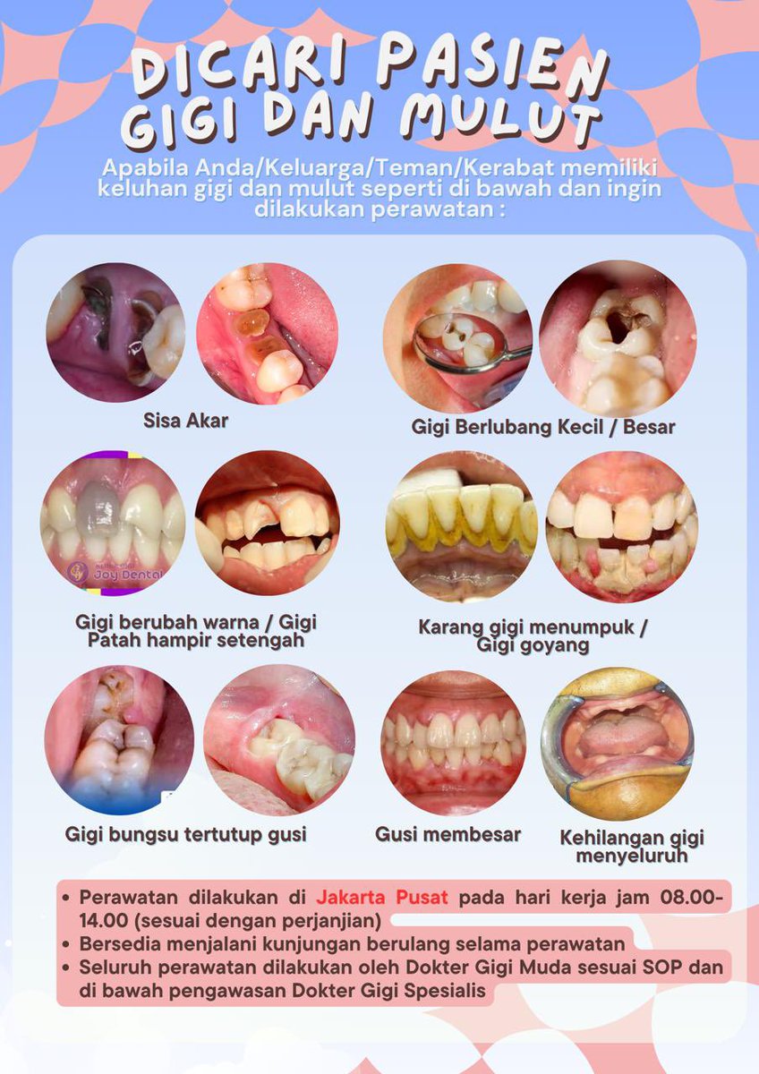 DICARI PASIEN GIGI !! 🌷🌸🪷
bagi kakak” yang punya keluhan gigi boleh banget dm yaa 

#perawatangigi #gigiberlubang #pasiengigi #wts #wtb #caripasien #perawatangratis #perawatangigigratis #sakitgigi #gigisakit #gigibungsu