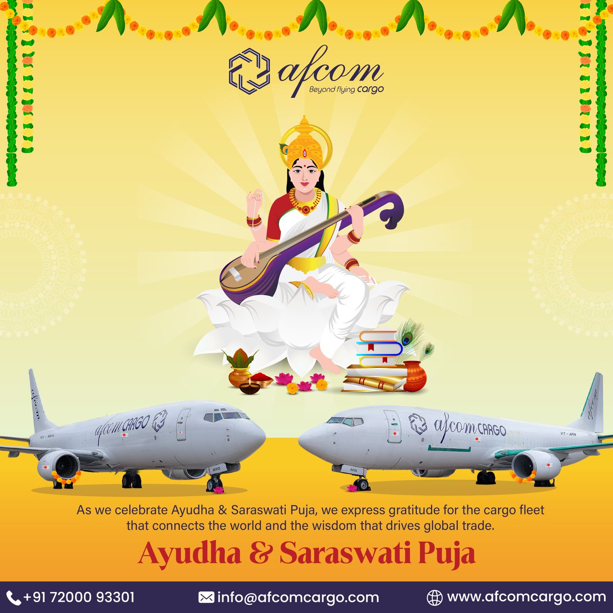 AfcomCargo's tweet photo. 🌸 Honoring the Wings of Progress this Ayudha Puja &amp; Saraswati Puja 🌸

At #AfcomHoldings, our aircraft are more than machines – they connect businesses &amp; deliver prosperity worldwide. ✈️ 

#ayudhapuja #saraswatipuja #aviation #aviationindustry #afcomcargo #festivecelebrations https://t.co/y1aLqam2dO