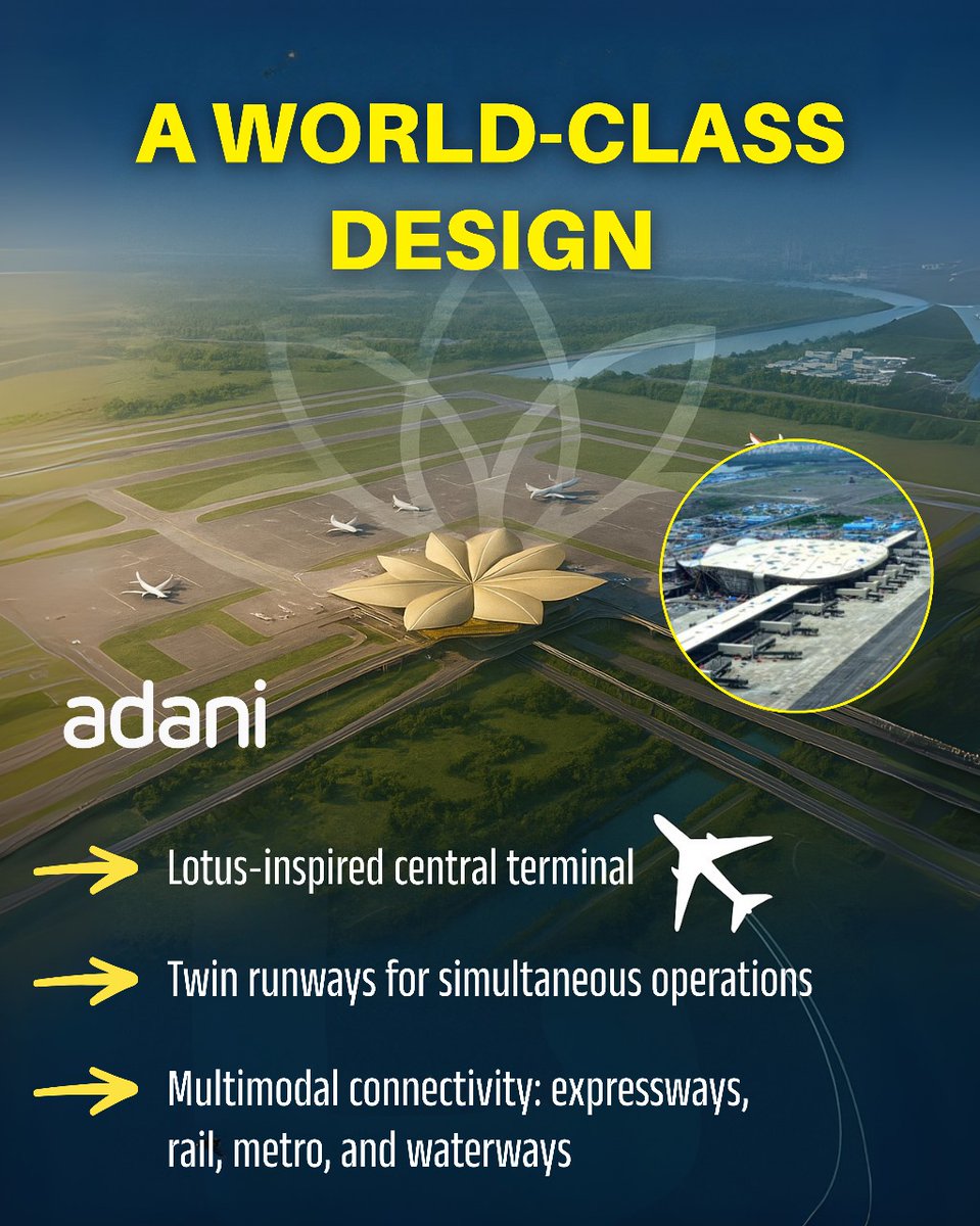 Bullalegakhulla's tweet image. A lotus-inspired design, twin runways for simultaneous operations, and multimodal connectivity through road, metro, rail, and waterways.

NMIA blends India’s cultural heritage with futuristic infrastructure.

#DesignForTheFuture #Adani (4/6)