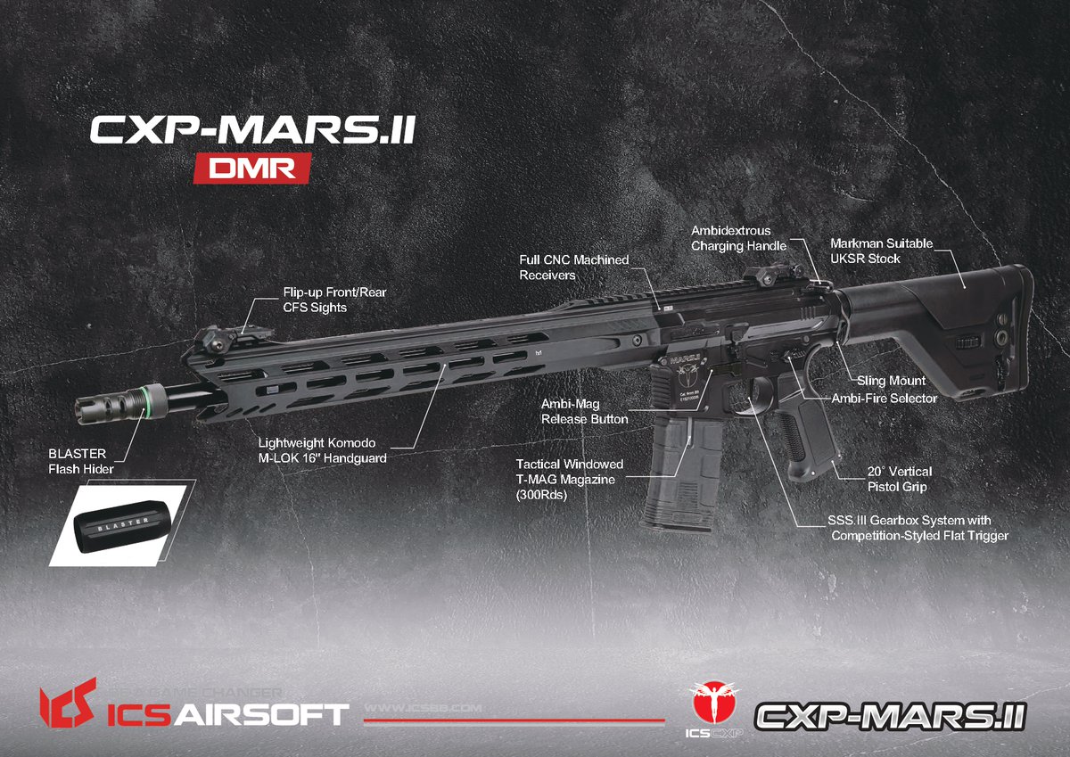 ICSairsoft_JP's tweet image. /
📢CXP-MARS.II Series ║ #DMR S3
\

ITEM NO. ICS-310S3
✅ERGOストック(大容量バッテリー対応※S3限定)
✅M-LOK ハンドガード(16 inch)
✅電子トリガー
​​✅全長: 997-1,025mm
✅重量: 3,040g
✅インナーバレル： 458mm

製品詳細🔗bit.ly/3vglHop

#ICS #ICSAIRSOFT
#電動ガン #サバゲー