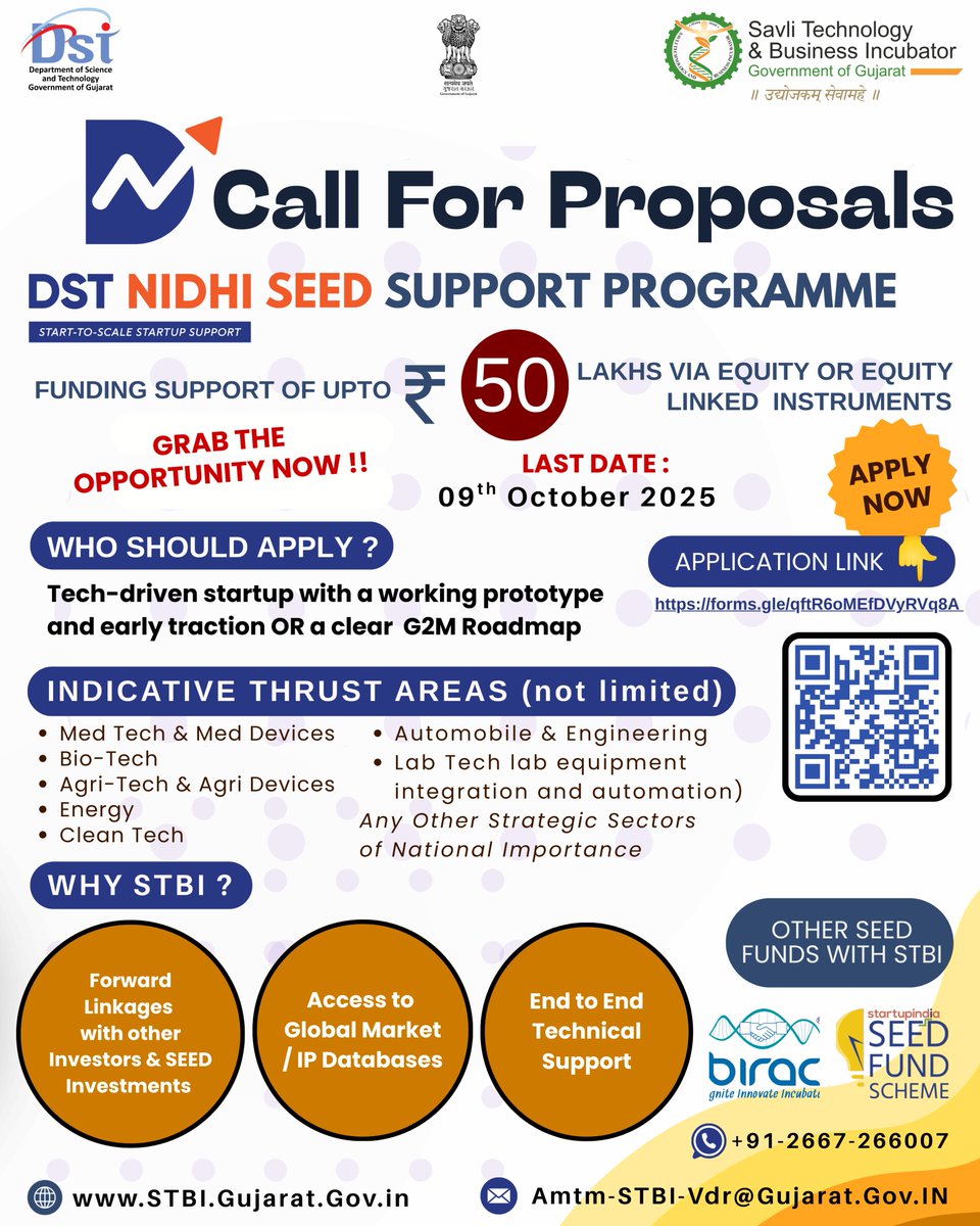 STBI_DSTGoG's tweet photo. ⏳𝗢𝗻𝗹𝘆 𝟵 𝗱𝗮𝘆𝘀 𝗹𝗲𝗳𝘁 !
Apply for the DST NIDHI Seed Support Programme &amp; secure up to ₹𝟱𝟬 𝗟𝗮𝗸𝗵𝘀 in funding.

For tech-driven startups with a prototype, traction, or clear G2M roadmap.

📌 Deadline: 9 Oct 2025
🔗 Apply here :https://t.co/ACDNUWwhYZ
 #Funding https://t.co/hiSJm7byqY