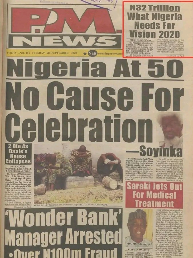 <a href="/aonanuga1956/">Bayo Onanuga</a> At 65 years of independence, yet the same story: 

Bad leaders, bribery, insecurity, kidnapping, terrorism, hunger, poverty and corruption are destroying the dream of a great Nigeria.

God bless Nobel laureate, Baba Wole Soyinka: