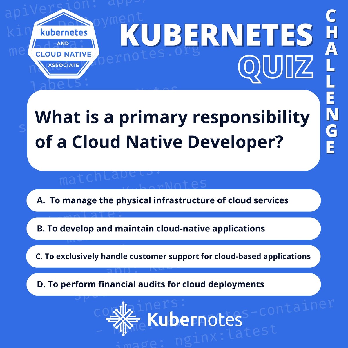 Kubernotes_'s tweet image. 🌍 OFFICIAL WEBSITE: kubernotes.org

KCNA QUIZ TIME 🚀

💬 Drop your answer in the comments &amp;amp; tag a study buddy!
👉 Swipe to see if you got it right.

#Kubernetes #KCNA #CloudNative #DevOps #K8s #Containers #ITCertification #ExamPrep #KCNAExam #CloudEngineering