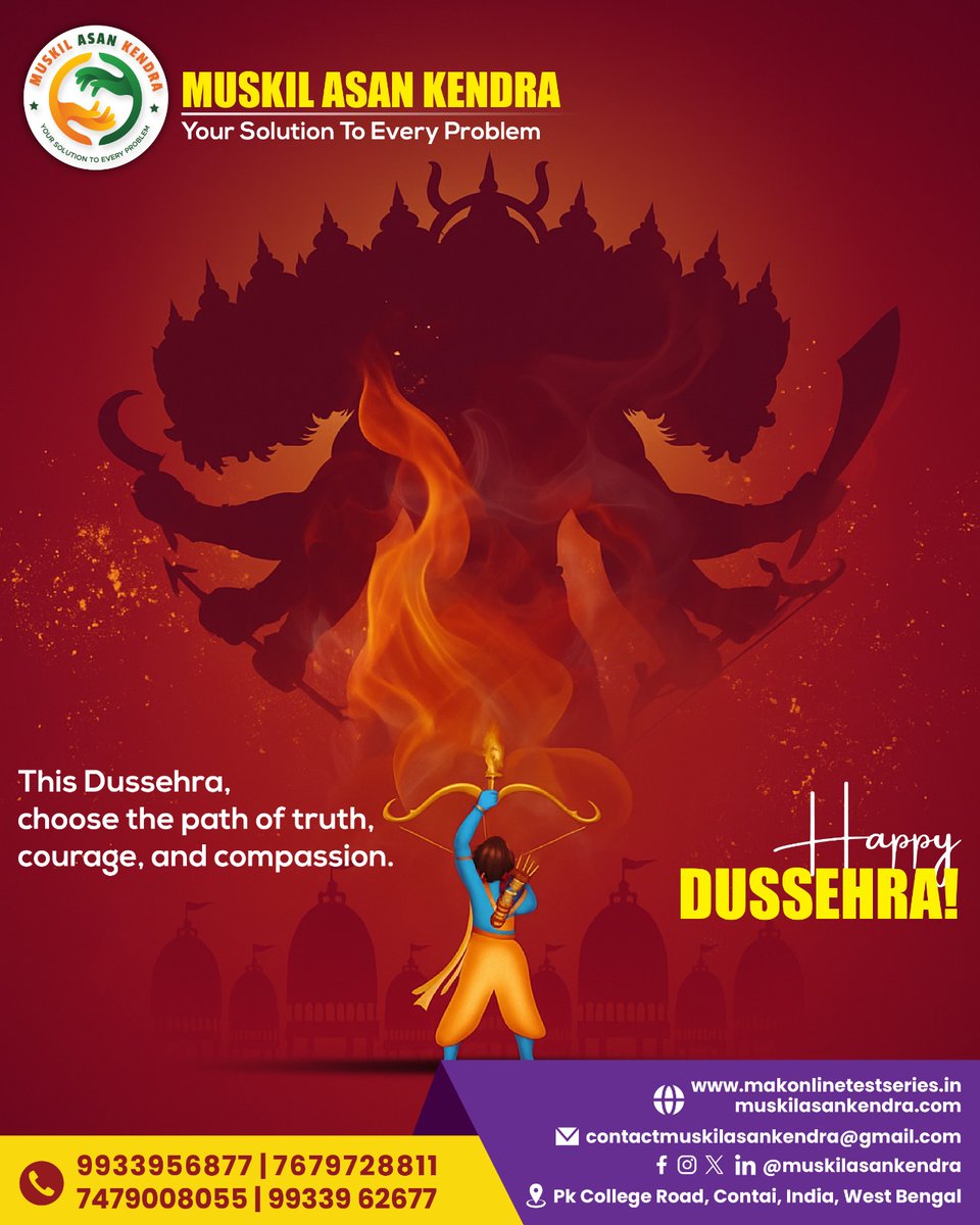 MuskilAsanNow's tweet photo. 🔥  Light the flame of wisdom and extinguish all doubts during Dussehra. ✨  Make the brave decision.  Select the truth.  Select growth. 📚  Every Ravana has a solution, which is why we at Muskil Asan Kendra assist you in overcoming scholastic obstacles.

#HappyDussehra https://t.co/ScU4bTeFwh