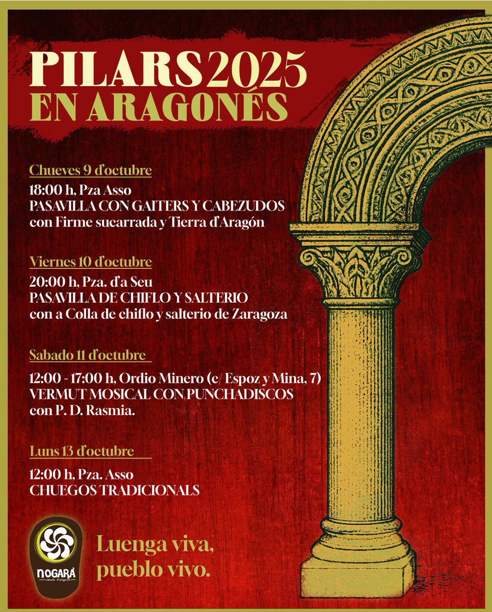 🎆🎈Estianyo tornamos con os Pilars en #aragonés '25
🗣️ En una ciudat con unas fiestas que tornan a oblidar-se d'a nuestra chicota luenga.
🥁 A musica y cultura popular, a socialización, ... i tornará a estar present d'a man de #Nogara