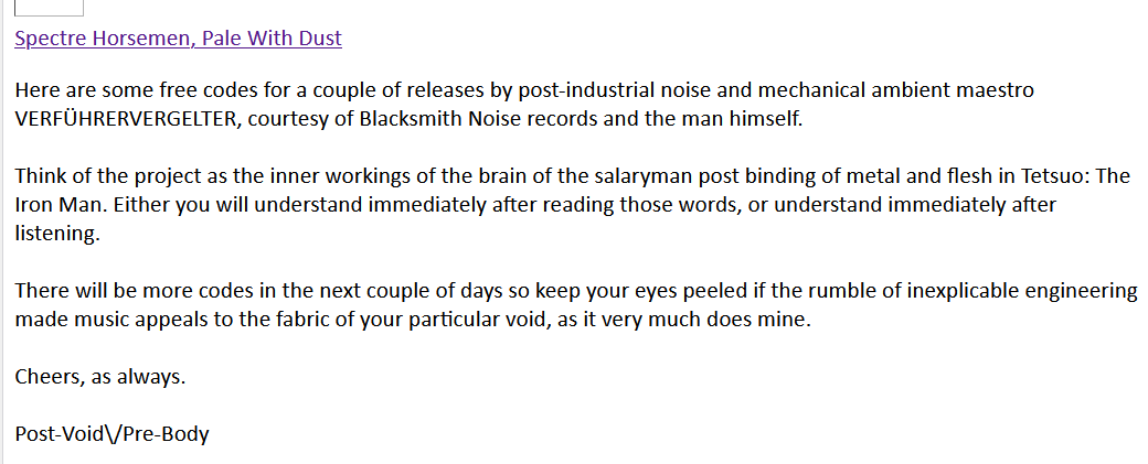First Feedback for 'Post-Void\/Pre-Body' has arrived and it couldn't be better.