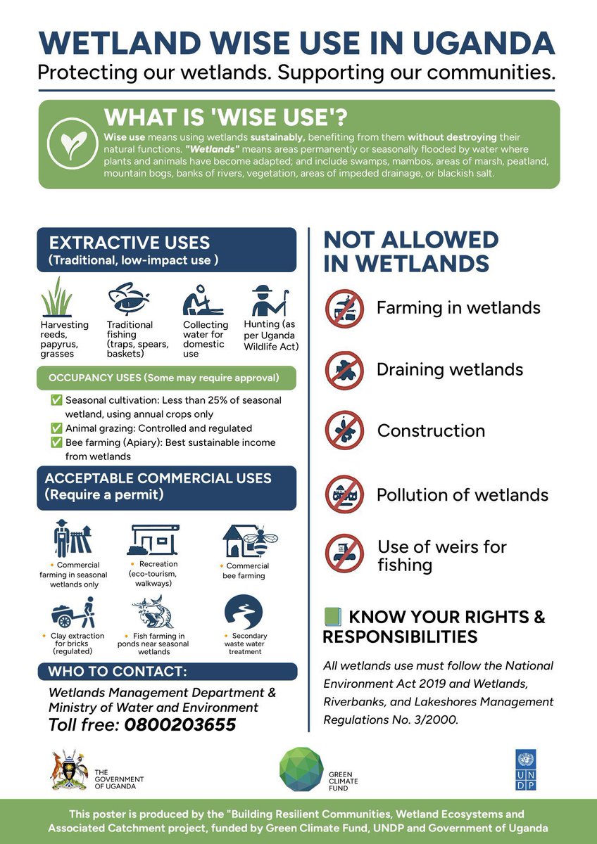 UNDPUganda's tweet image. What does wise use of wetlands really mean?  

With support from @GovUganda, @UNDP, and @theGCF, this new poster provides clear guidance on sustainable and permissible wetland activities under Uganda’s environment laws.
