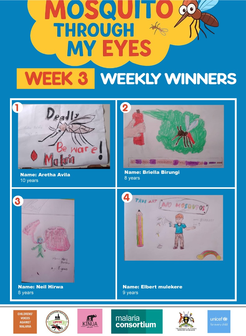Congratulations to our talented young champions whose creativity stood out this week in the "Mosquito Through My Eyes" campaign! 🦟

🏆 Aretha Avila (10 yrs)
🏆 Briella Birungi (8 yrs)
🏆 Neil Hirwa (8 yrs)
🏆 Elbert Mulekere (9 yrs)

Your powerful art reminds us that children