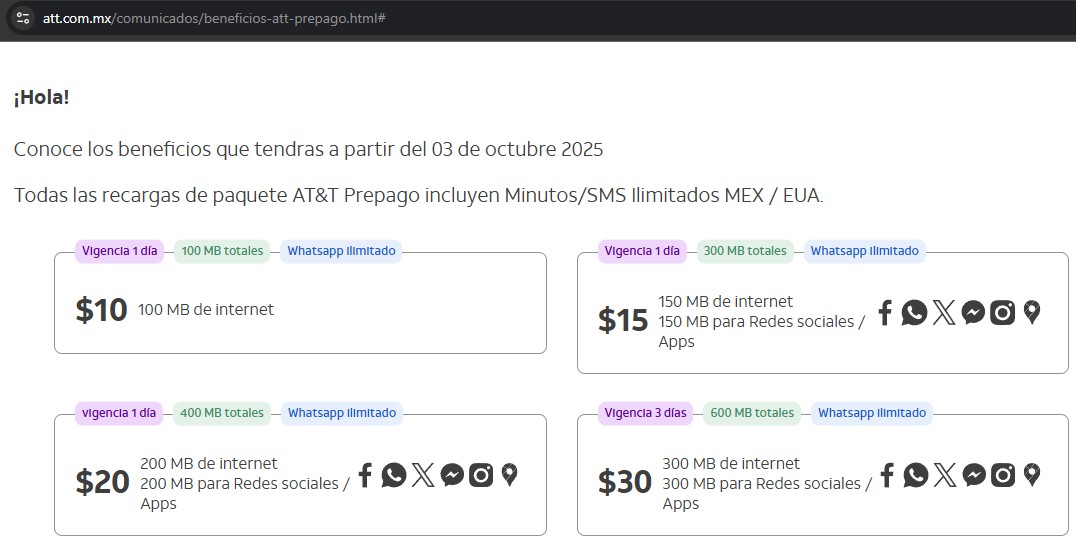 Adrian_RsMa's tweet photo. @CyberHawk71 @ATTMx Lo mismo que ha pasado con otras compañías: menos datos para navegar y redes sociales. 

Al mensaje que mandan, al final de la liga, le falta una "L", por ello no se puede visualizar de qué se trata. Acá el enlace correcto y algunas capturas: https://t.co/awIZ1TyrLD https://t.co/mjL3qCWJ6Q