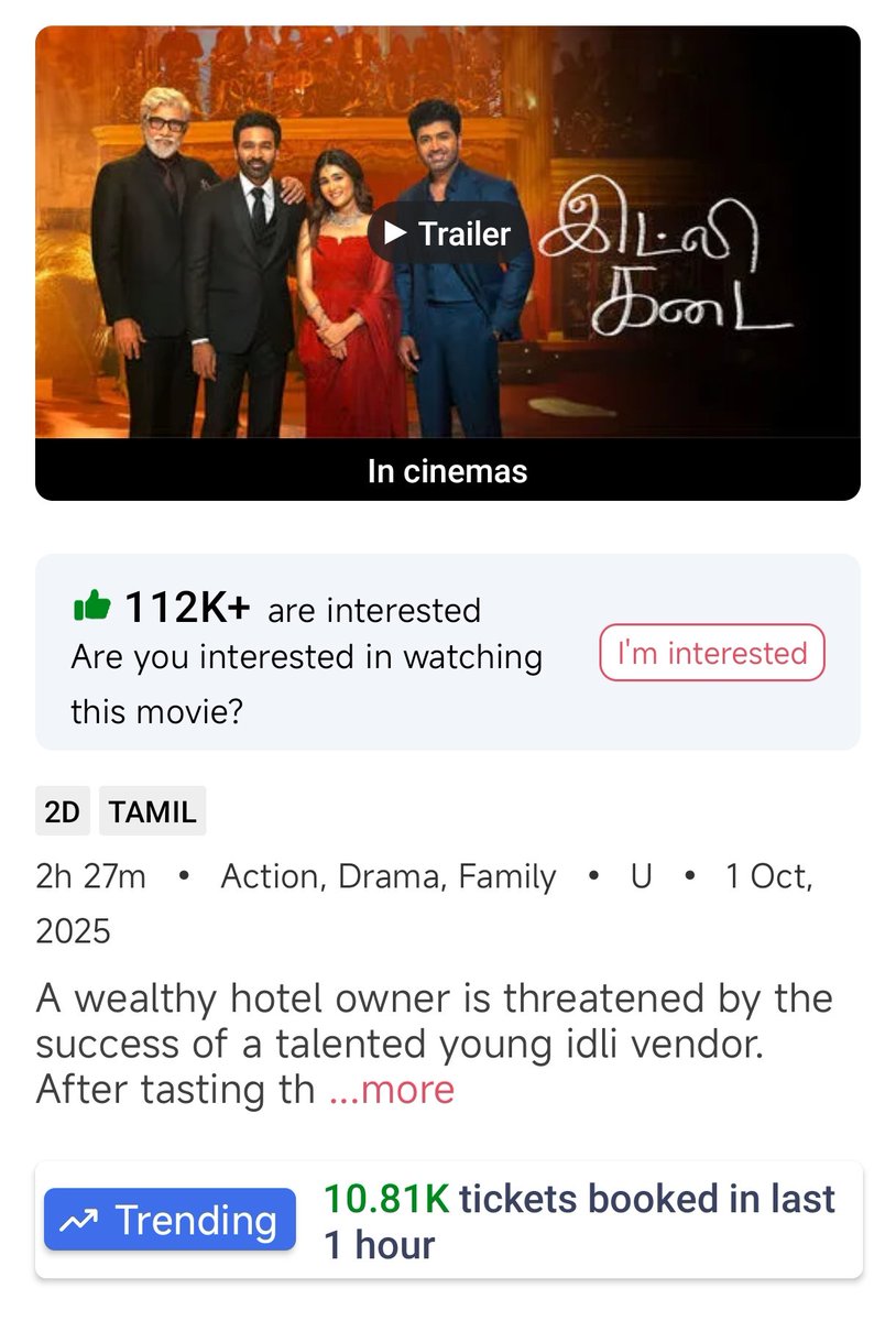 #IdliKadai 🔥🔥🔥

10k Tickets booked Per Hour 👌