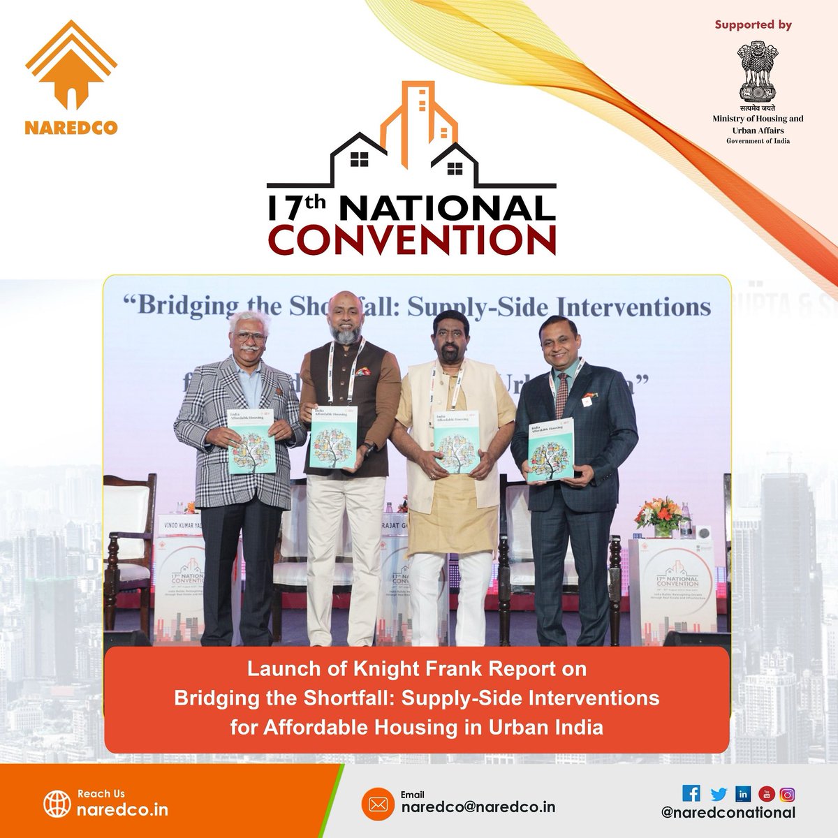 NaredcoNational's tweet photo. The #KnightFrankReport – “Bridging the Shortfall: Supply-Side Interventions for #AffordableHousing in Urban India” – was launched at the 17th #NAREDCO National Convention 2025. 

#NaredcoNational #NationalConvention  #UrbanDevelopment #HousingForAll #UrbanIndia #SmartDevelopment https://t.co/zVuWERLfJm