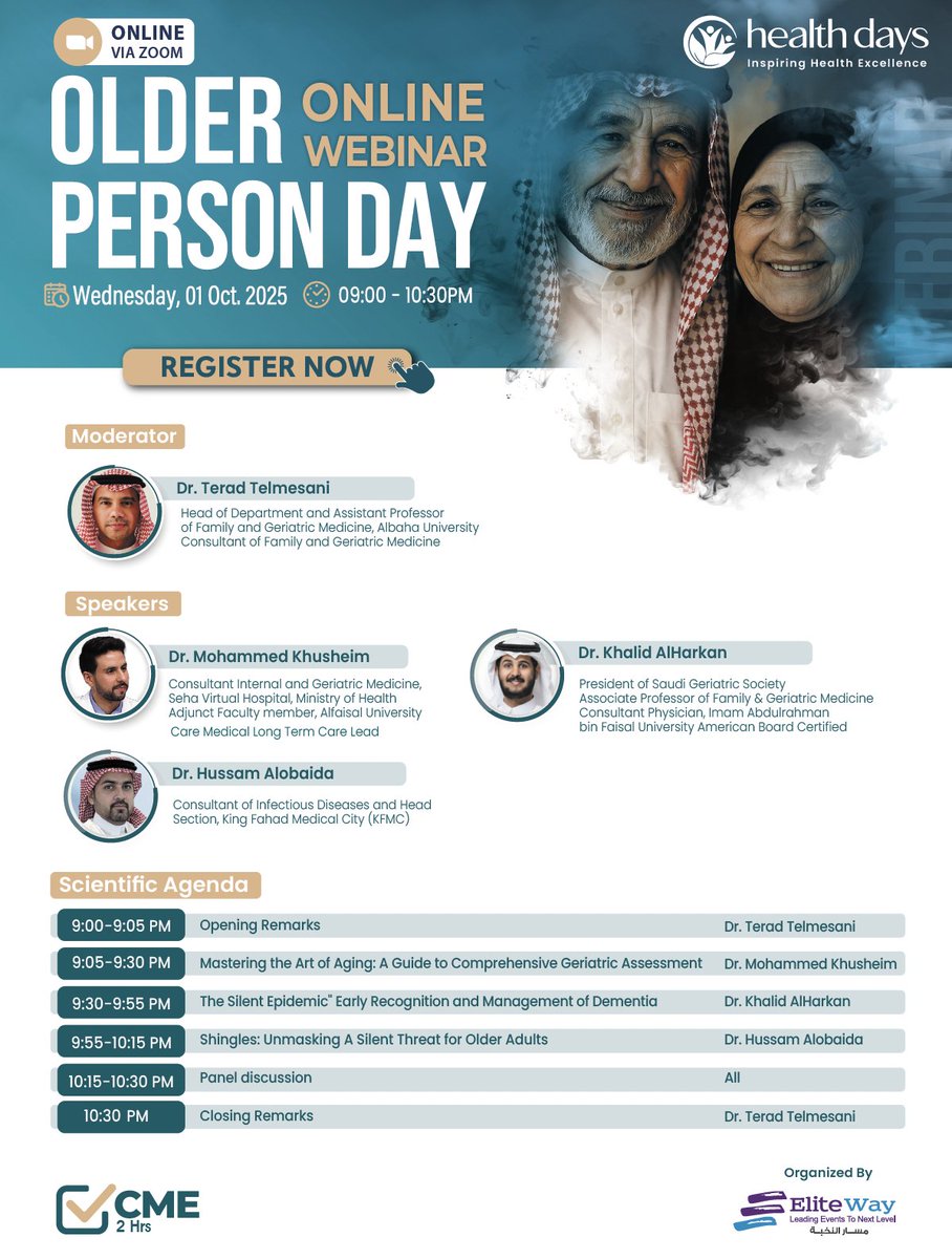 Honored to present on mastering the comprehensive geriatric assessment for healthcare professionals—advancing holistic, person-centered care for older adults—today at 9:00 pm (KSA) at the Health Days Webinar
