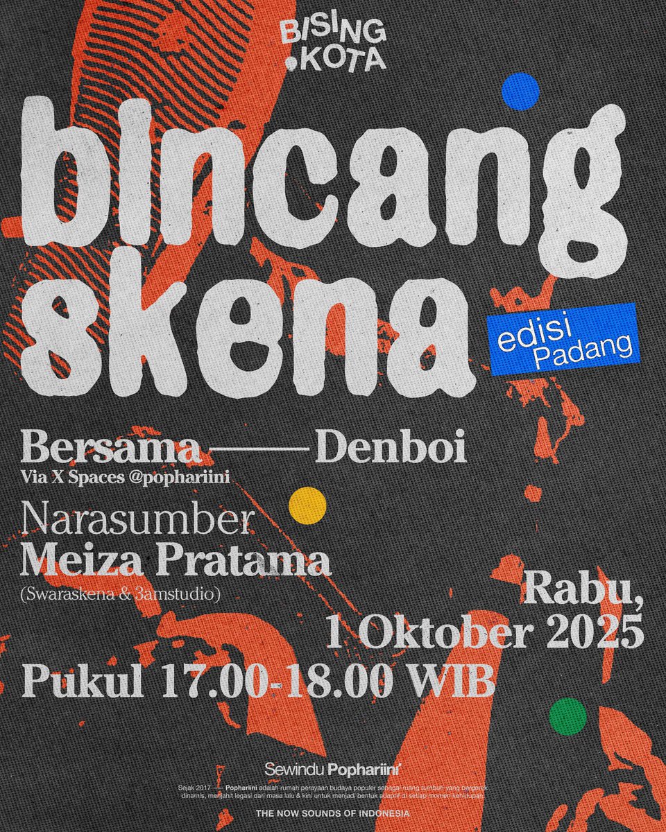 Diskusi Bising Kota hadir di edisi Padang bareng <a href="/cimayxxx/">cimay ardana</a> 

Rabu ini, Pophariini dan <a href="/cimayxxx/">cimay ardana</a> bakal ngobrol seru soal skena musik di Padang: dari kondisi ekosistem, ciri khas kota, sampai cerita-cerita menarik lainnya, semua dalam waktu satu jam.

Buat lo yang tinggal di