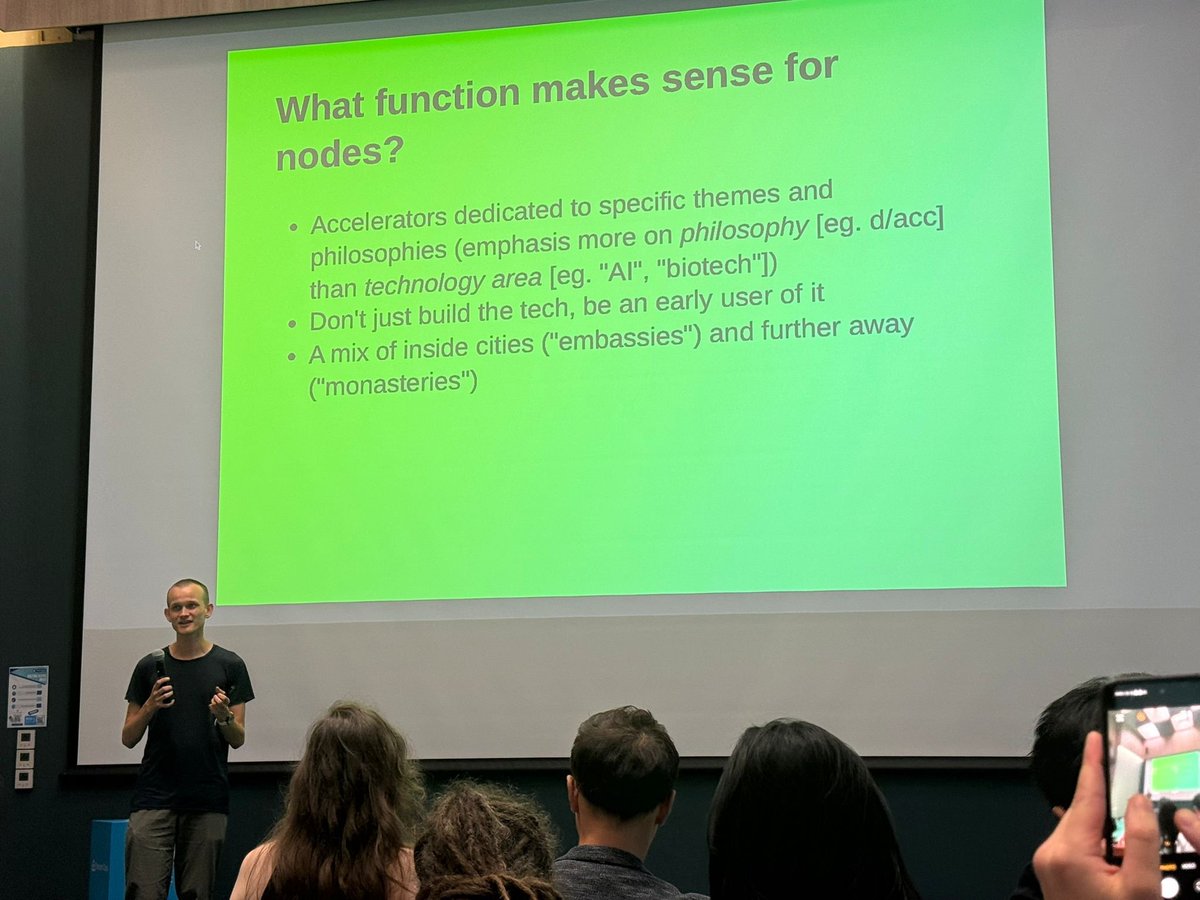 Great hearing <a href="/VitalikButerin/">vitalik.eth</a> lay out his current vision for zuzalu's permanent nodes. 

These permanent nodes are extremely promising as accelerators for philosophies (like d/acc) and as incubators for both technology and culture.