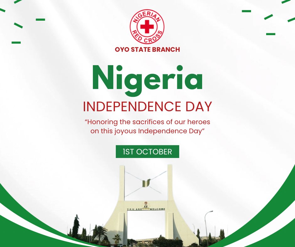 RedCrossOYO's tweet photo. HAPPY INDEPENDENCE DAY TO ALL OUR VOLUNTEERS AND ASSOCIATE MEMBERS OF THE NIGERIAN RED CROSS SOCIETY OYO STATE BRANCH! 

May this special day bring us joy, unity, and a renewed sense of purpose as we continue to serve humanity. https://t.co/Rl76MFyKXI
