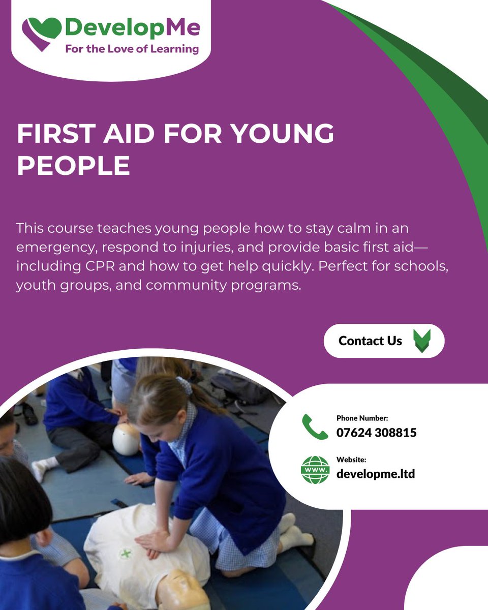 developmeltd's tweet image. 🩹 First Aid for Young People 🩹
✅ Duration: Available from 2 hour to full 6 hour courses (with ongoing assessment)
✅ Validity: Valid for 3 years
✅ Cost: from £5 per person (discounts offered for full
courses)
#FirstAidForKids #YouthTraining #DevelopMe