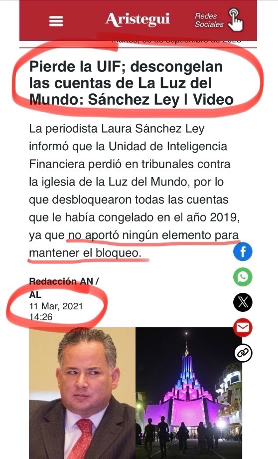 La 𝐔𝐈𝐅 y tribunales Mexicanos 
𝐃𝐄𝐒𝐓𝐑𝐎𝐙𝐀𝐍 las acusaciónes  𝐈𝐍𝐒𝐎𝐒𝐓𝐄𝐍𝐈𝐁𝐋𝐄𝐒 en 𝐍𝐔𝐄𝐕𝐀 𝐘𝐎𝐑𝐊 de 
“𝐄𝐌𝐏𝐑𝐄𝐒𝐀 𝐂𝐑𝐈𝐌𝐈𝐍𝐀𝐋” contra 𝐋𝐋𝐃𝐌

Las acusacíones infundadas de la fiscalía en distrito sur de Nueva York (SDNY) de que La Luz del Mundo