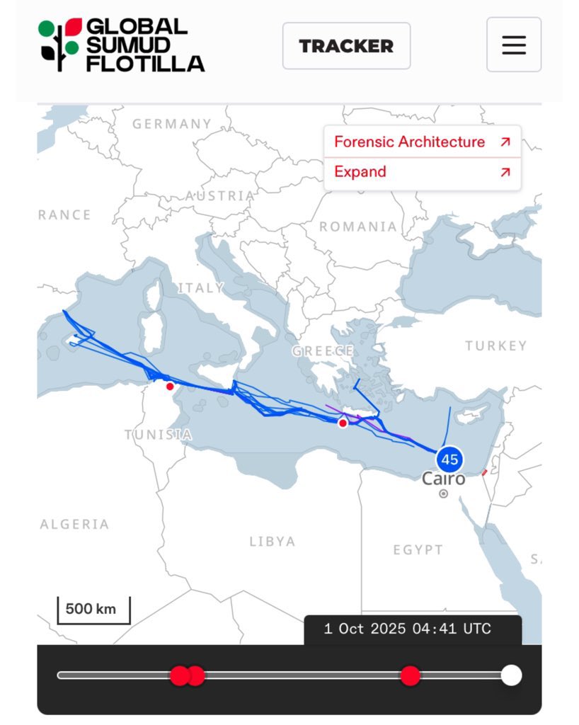 📍 Gazze kıyılarına yaklaşan Küresel Sumud Filosu'nun güncellenmiş konumu: