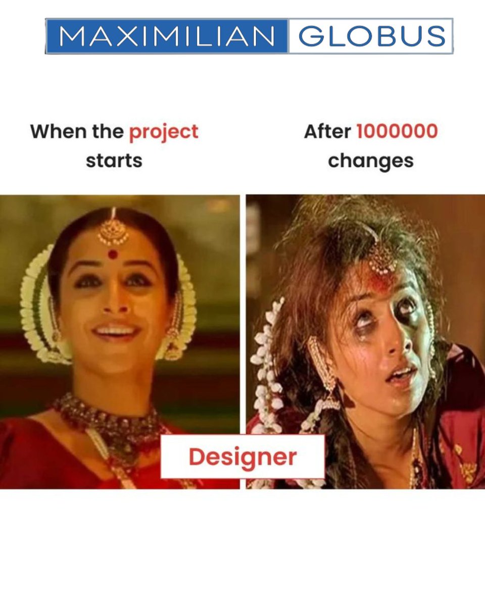 Mmglobus__'s tweet photo. The life of a designer in one post 
When the project starts – excited, fresh, full of ideas.
After 1000000 changes –  exhausted but still delivering magic!
Designers don’t just create visuals — they translate chaos into creativity 
Next time you request “just one more small change”, remember… it’s never small 
#DesignLife #ClientVsDesigner #GraphicDesignHumor #DigiSynapse #DesignerProblems #CreativeAgency #DesignStruggles #TecoCraft #ProjectLife #BeforeAfterDesign #DigitalMarketing #BrandDesign