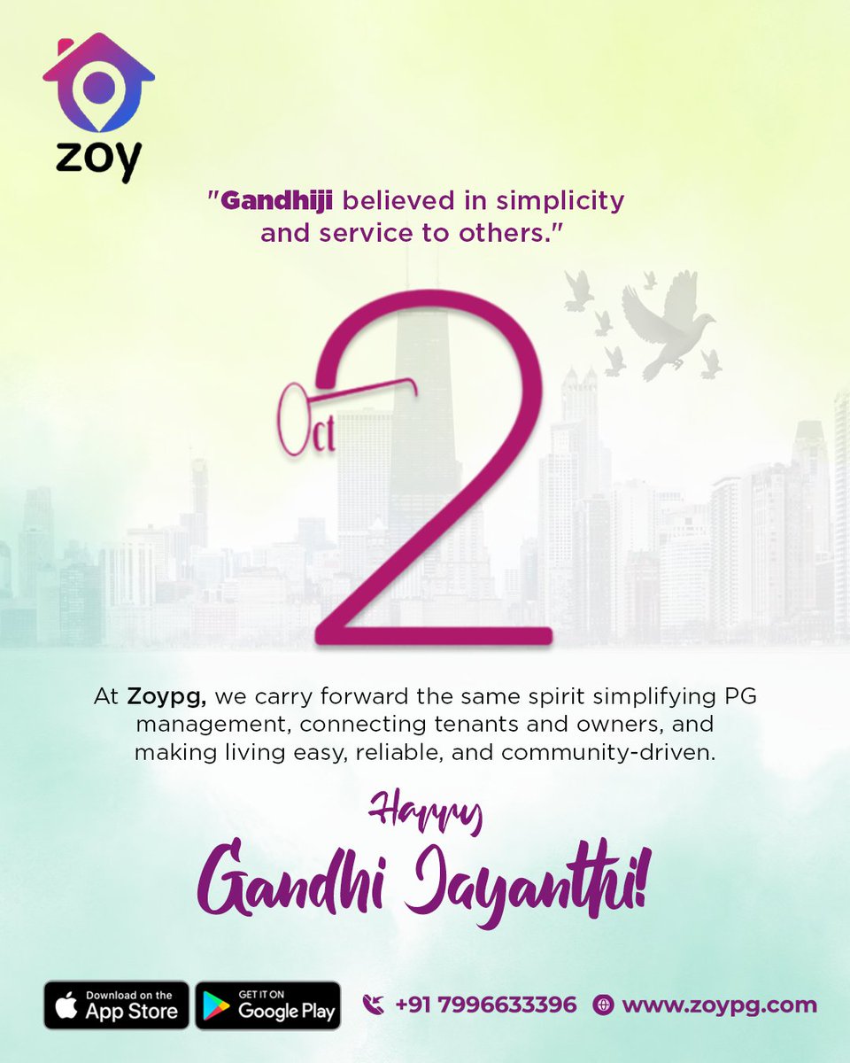 ReachZoy's tweet photo. On this special day, ZoyPG honor Mahatma Gandhi’s values of simplicity and service. Just as he inspired communities, we strive to make PG living simple,  serving our tenants and owners with care. ✨

#zoypg #happygandhijayanti #gandhijayanti #mahatmagandhi #truthandnonviolence https://t.co/RACdCDGtXT