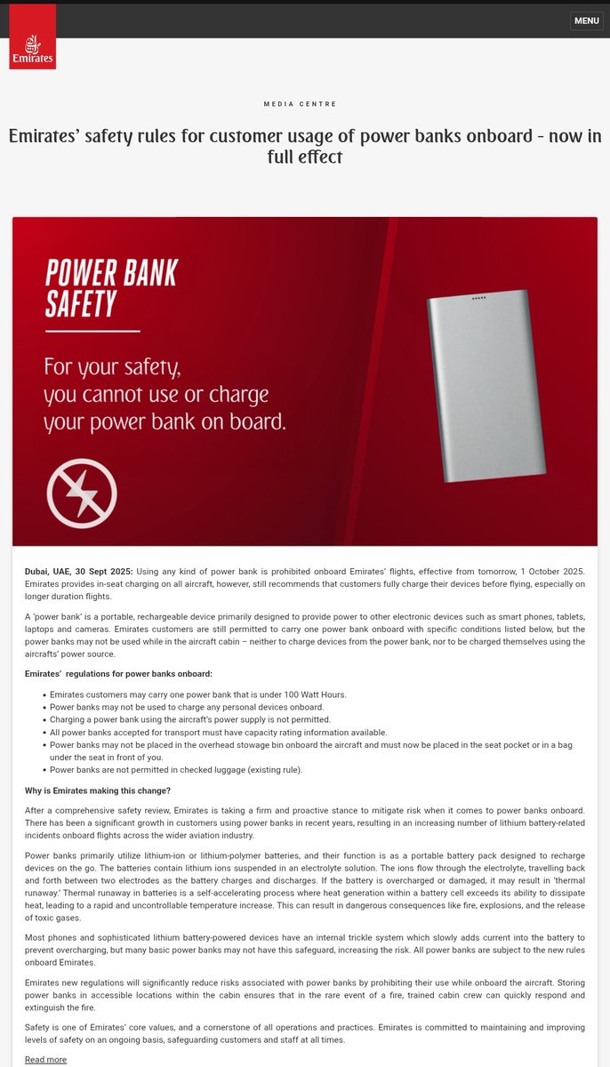 Vgdktk's tweet photo. 🚨✈️ Attention all flyers: Emirates is banning use of power banks onboard starting Oct 1, 2025.

🔋 Using any power bank onboard is now prohibited

✅ You may carry only one power bank under 100 Wh. Most 20,000 mAh or smaller power banks should be fine to carry onboard

❌ Do not use it to charge devices inflight

❌ Do not charge the power bank using the aircraft’s power supply

⚠️ It must must have capacity rating information available

📍 Power banks must now be placed in the seat pocket or in a bag under the seat in front of you, not in the overhead bin

🧳 Never pack power banks in checked luggage (existing rule)

💡 Safety tip: Even if you’re not flying Emirates, stick to these guidelines as a safety measure or follow your respective airline’s rules.

#Travel #AviationNews