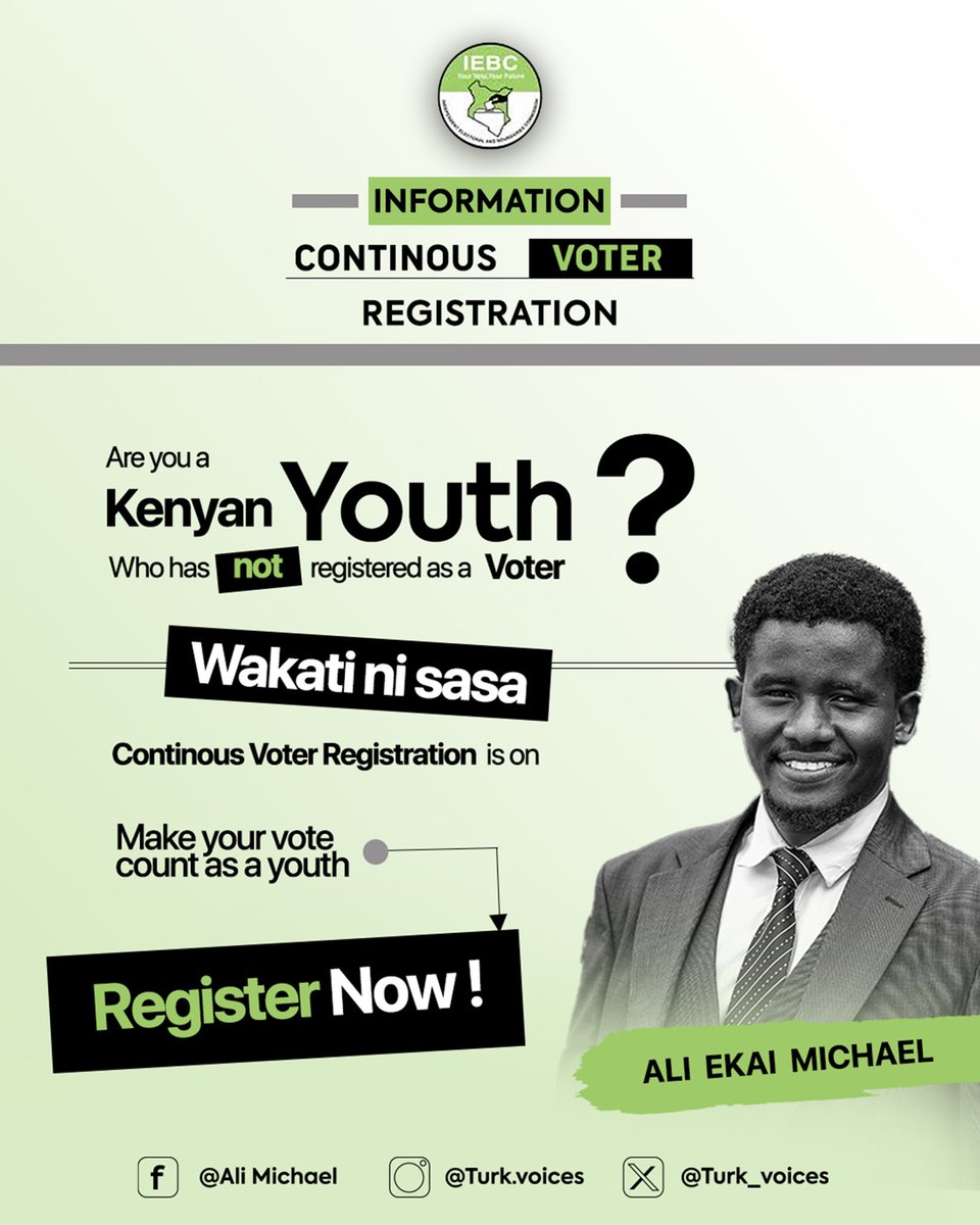 To my fellow youth of Kenya, this is not just a voter registration exercise, but a movement of voices, choices, and power. The time to shape the destiny of our nation is now.

REGISTER NOW! MAKE YOUR VOTE COUNT!
