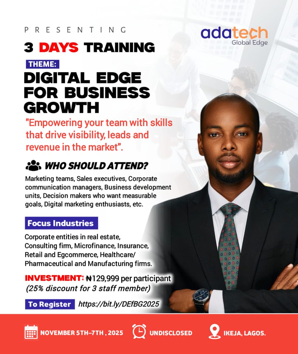adatechglobal_'s tweet photo. @retweets_9ja Your career edge depends on the skills you build today.
In 3 days, this workshop will equip you to boost visibility, generate leads, and drive growth.
Secure your spot now and get 20% off. DM to register. https://t.co/RjZqdPTqdY