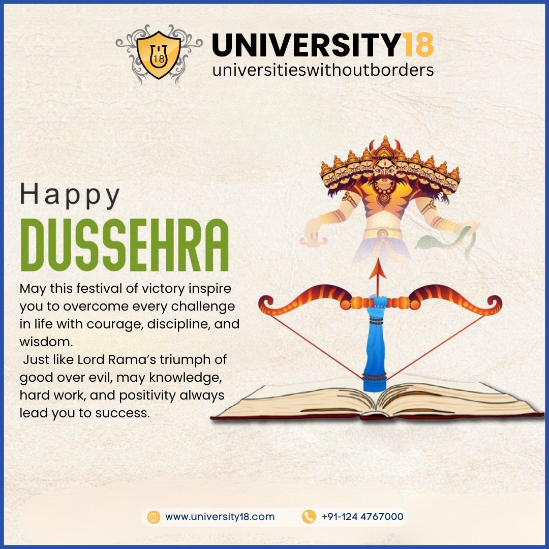 U18Alumni's tweet image. Happy Dussehra!
This Dussehra, may the spirit of victory inspire you to conquer your fears, chase your dreams, and rise stronger with every challenge! 🌟📚

@university18 Wishes you success, wisdom, and happiness always. 🙏💐

#HappyDussehra #University18 #PowerOfKnowledge
