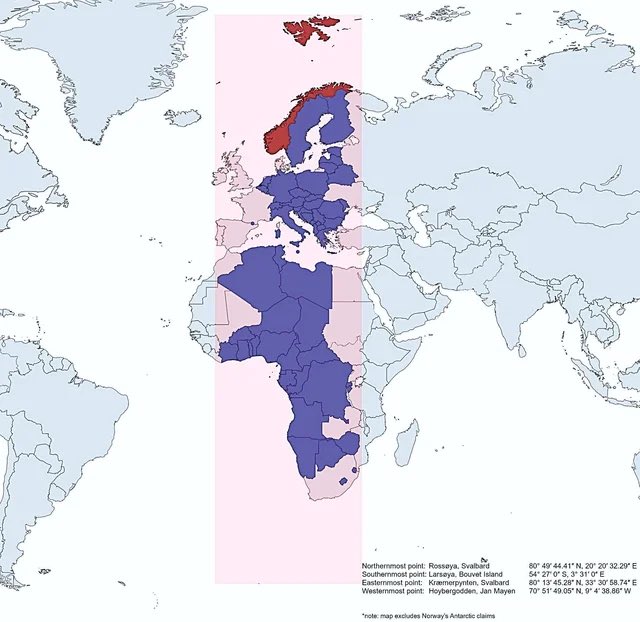 Norway extends further north, south, east and west than all these countries in blue.